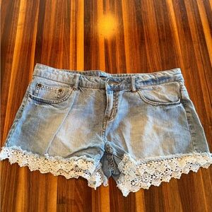 Forever 21 Light Blue Denim Shorts with White Crochet Hem